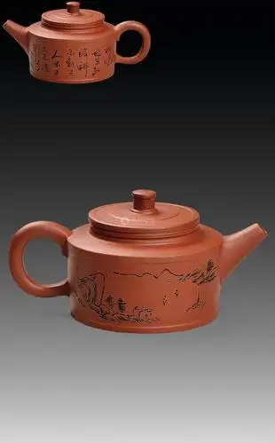 紫砂刻山水诗文壶