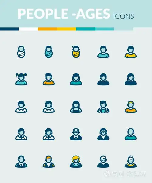 年龄.人生的舞台.人们丰富多彩的平面图标