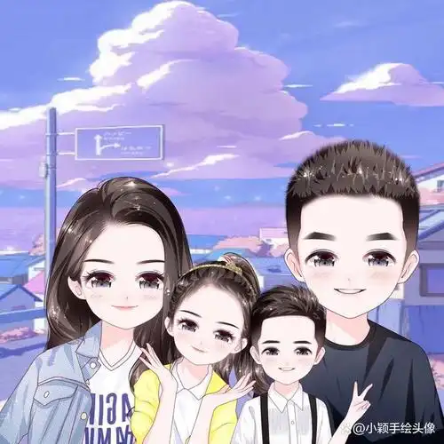 卡通全家福头像,一家四口漫画风手绘图片,可爱有个性