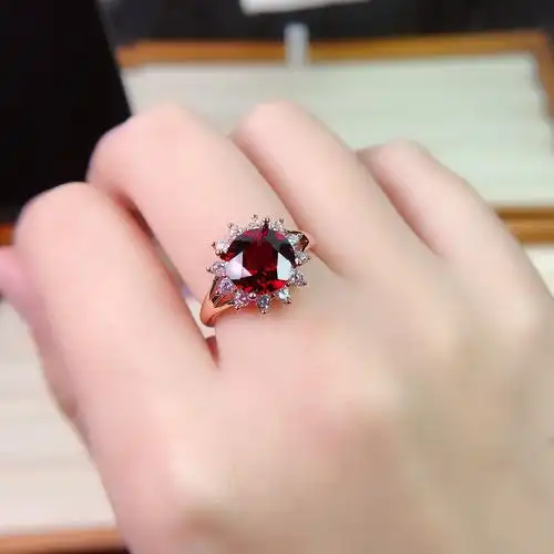 戒指天然克拉石榴石红宝石s925纯银送女礼物圆形戒指