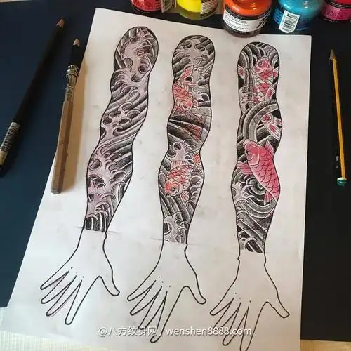 龙口coo吴先生的花臂传统鲤鱼纹身图案手稿欣赏