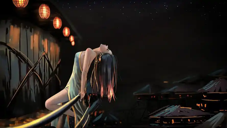 女孩 旗袍 晚上 灯笼 唯美艺术插画4k壁纸_彼岸图网.jpg