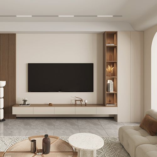 电视柜一体组合背景墙柜整体客厅现代简约原木奶油满墙收纳储物柜