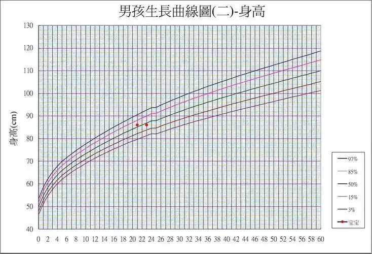 20080613出生 体重:1500公克 身高:85公分 男孩生长曲线图(二)-身高