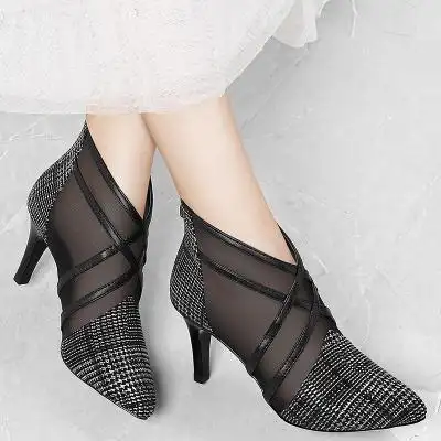 网纱高跟鞋2019春季新款性感细跟镂空女鞋子罗马凉靴春款尖头