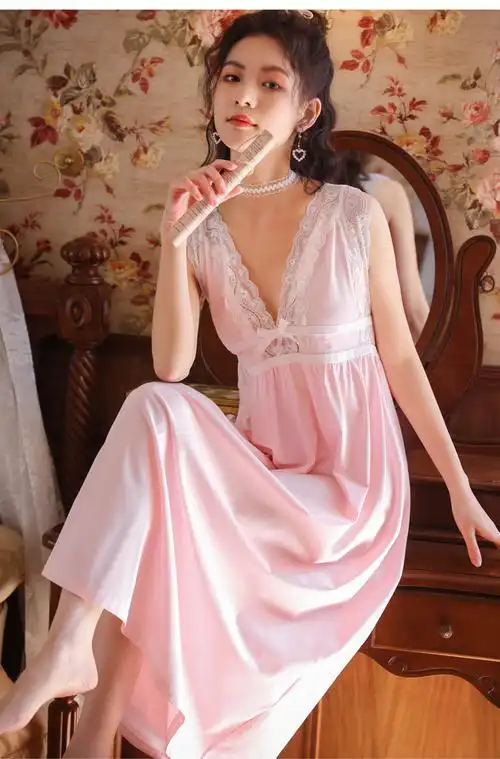 吊带睡裙女春夏棉公主宫廷风性感睡衣v领复古甜美蕾丝宽松家居服