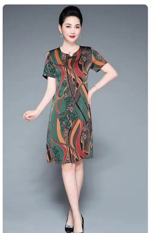 杭州中老年妈妈重磅真丝连衣裙中长款夏装女高端夏季新款夏花色裙子