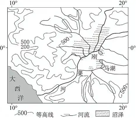 下图为刚果盆地(局部)等高线略图.据此完成下面小题.