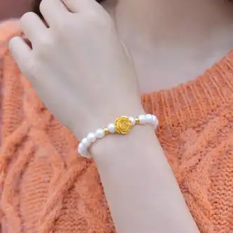 送女友老婆黄金手链女士珍珠玫瑰花足金转黄金玫瑰花珍珠手链2金珠
