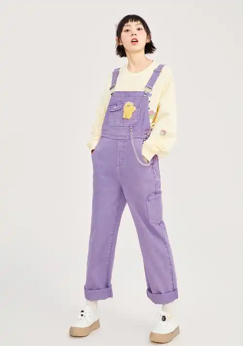 联名】乐町背带裤女2021年新款早秋玩偶设计感背带牛仔裤 紫色现货 s
