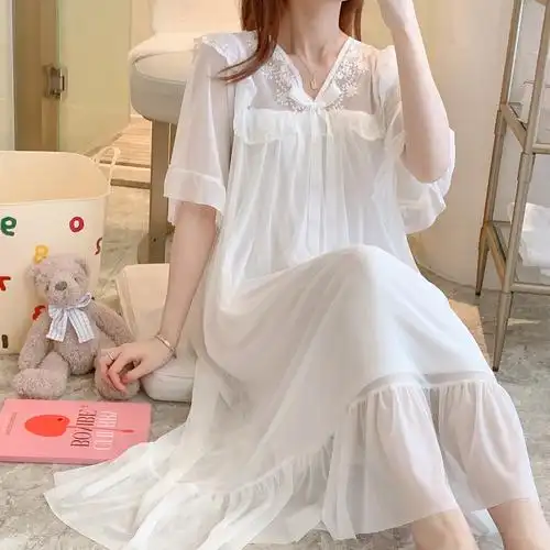 夏季睡裙女新款蕾丝性感中长裙网纱短袖纯棉睡衣时尚公主风家居服