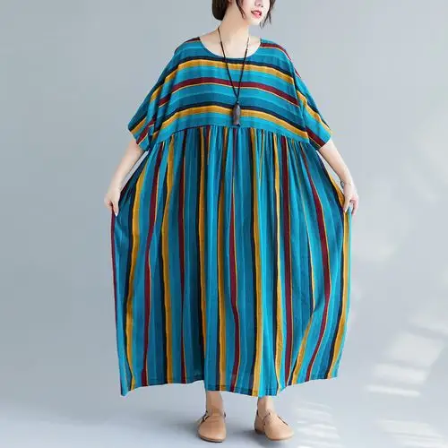 300斤特大码女装夏季加肥加大码连衣裙复古条纹宽松大摆气质长裙