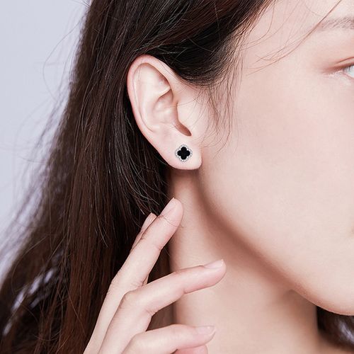 梦祥银s925耳钉四叶草幸运镶嵌玛瑙耳饰一对玫瑰耳钉