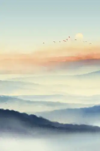 薄暮淡彩色水墨画 渐变水墨插画