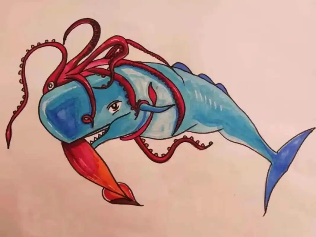 抹香鲸大战大王乌贼创意画 准备工具:铅笔,橡皮,勾线笔,马克笔,高光笔