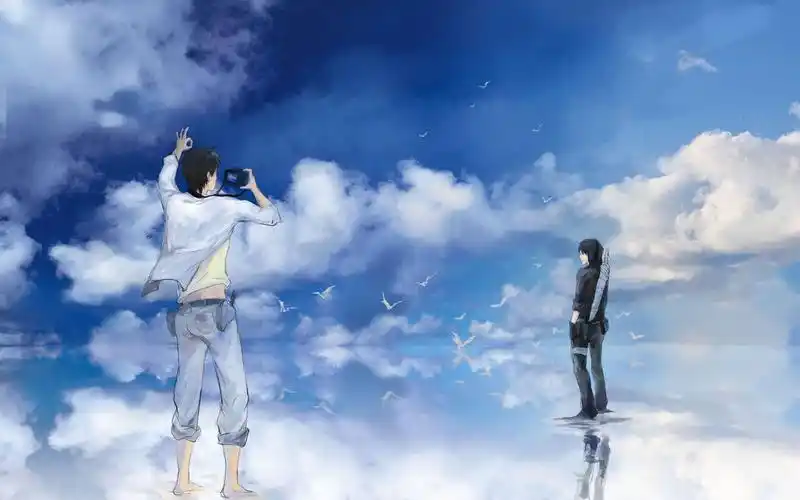 瓶邪的.是站在倒映着白云的水面上- -天真给小哥照相