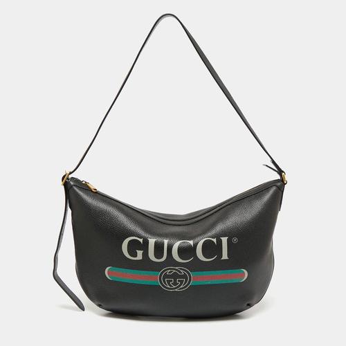 古驰gucci女士手提包|black leather web logo half moon hobo