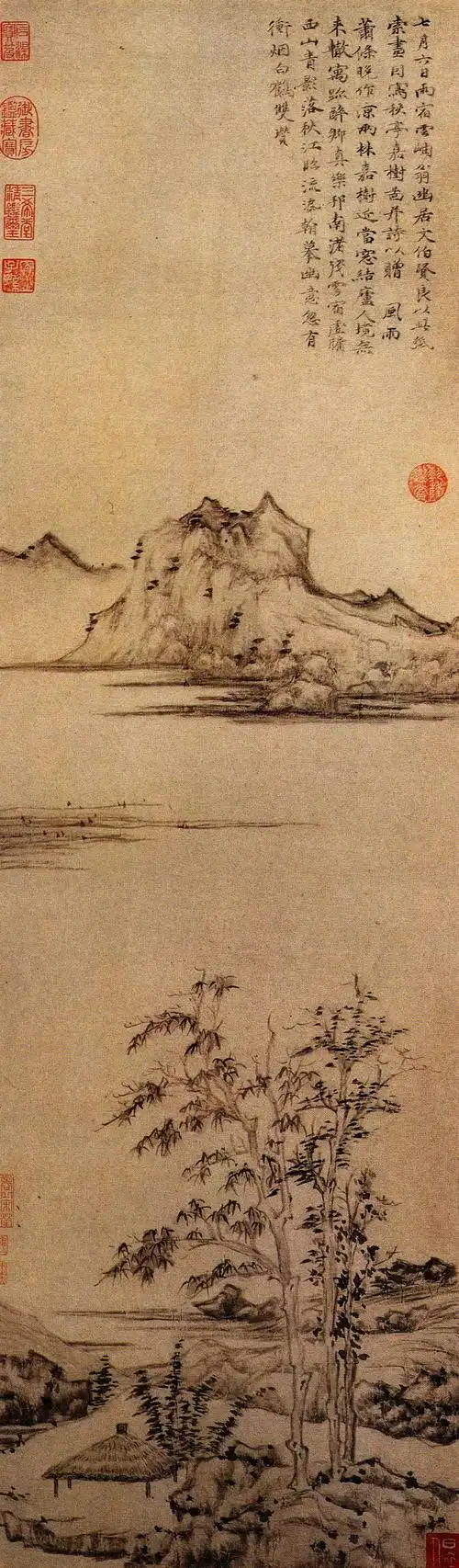 元 倪瓒 《秋亭嘉树图》 纸本墨笔 134x34.3cm 北京故宫博物院藏