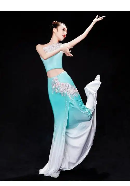 艺考傣族舞蹈演出服装女少数民族风云南孔雀舞表演服鱼尾裙子修身