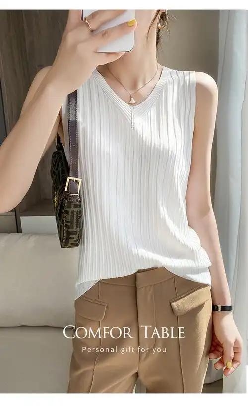 坎袖背心女款无袖打底衫女白色针织小吊带坎肩外穿v领内搭上衣粉色s