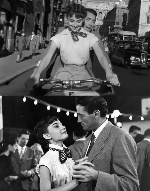 《罗马假日》剧照,赫本白衬衫搭半裙,脖子上系了一条小方巾的清秀