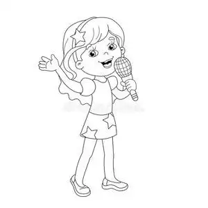 风铃声卡通女孩唱歌的着色页面轮廓照片