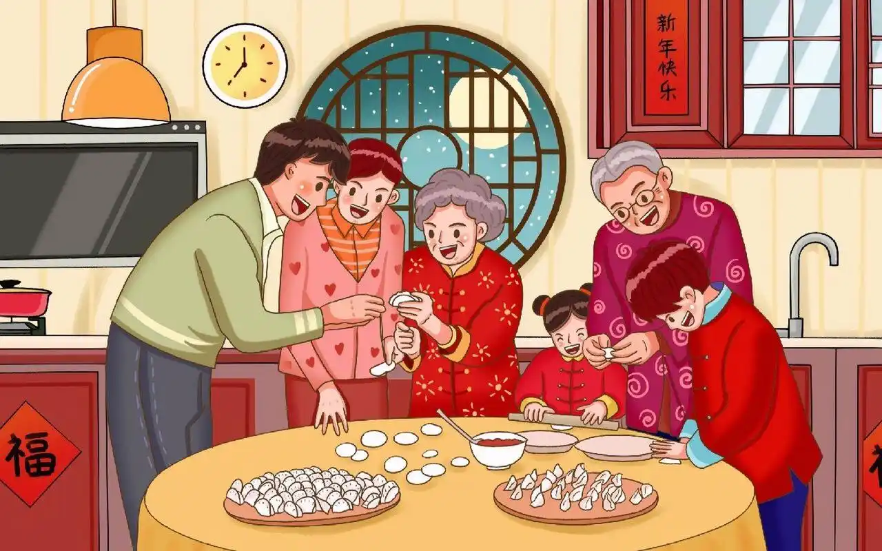 手绘卡通新年吃年夜饭原创插画素材 小红书的友友们这是一波关于年夜