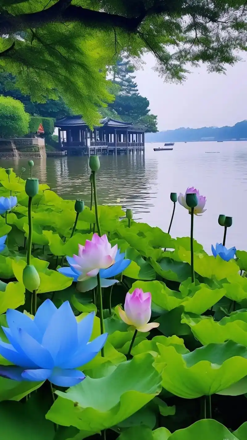 西湖之景,美丽的荷花点缀着一片绿池,小鱼跃出水面,溅起了一簇 - 抖音