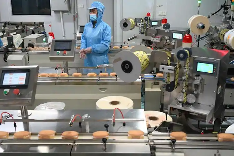 11月19日,工人在漳州一家烘焙休闲食品企业蛋糕包装车间.