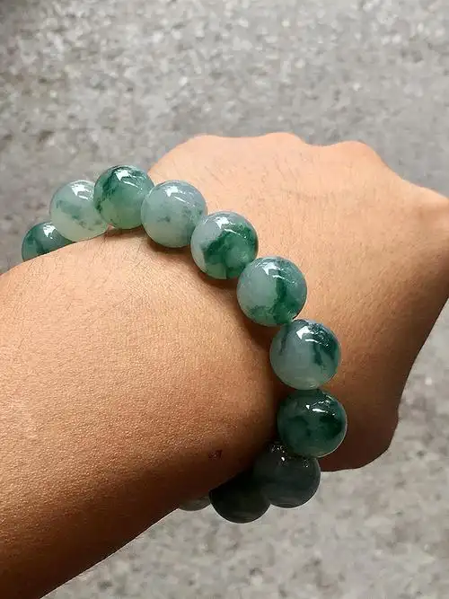 翡翠高冰种飘绿花珠子手串手链男卡14mma货老坑高档冰透珠链手串