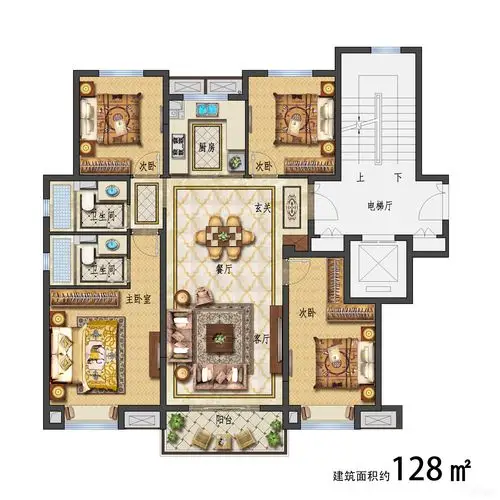 南通中梁壹号院四室两厅两卫128户型图_首付金额_4室2厅2卫_128.