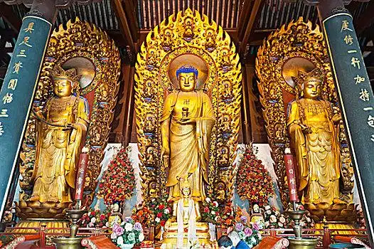 三个,金色,佛,中间,龙华寺,上海,中国,亚洲