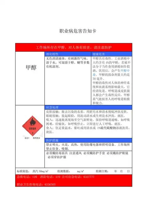 甲醇职业病危害告知卡