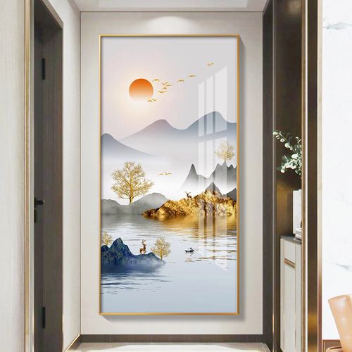 新中式招财山水壁画进门玄关走廊过道装饰画竖版楼梯挂画样板间墙