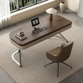 高档实木书桌现代极简客厅家用书房办公桌胡桃木饰面马鞍皮电脑桌