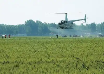 卫辉市农业局用飞机为小麦撒农药 省时又省力