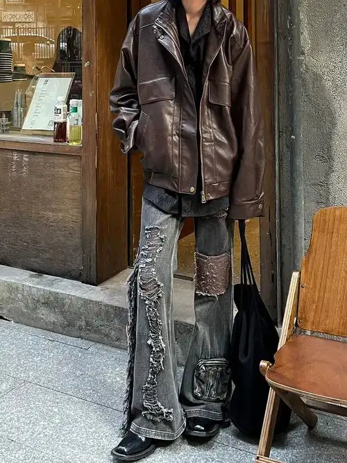 宽松机车短夹克休闲皮衣外套以休眠复古做旧咖啡色秋冬经典