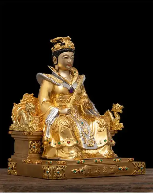 紫运阁纯铜贴金九天玄女娘娘神像九天圣母大地母家用黄铜佛像摆件豪华