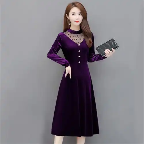 金丝绒连衣裙2022新款长袖v领时尚气质女装妈妈装大码显瘦连衣裙