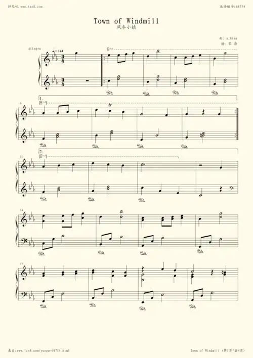 《town of windmill,钢琴谱》风车小镇,独奏版,a_hisa|弹琴吧|钢琴谱