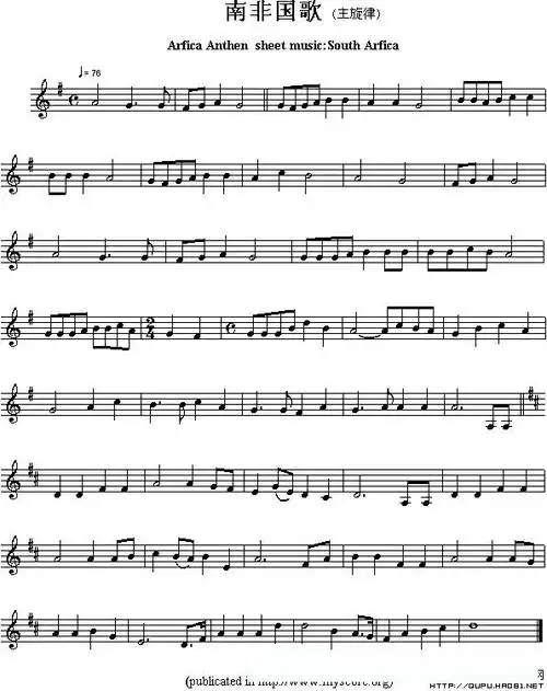 各国国歌主旋律:南非(arfica anthem sheet musec:south arfica)