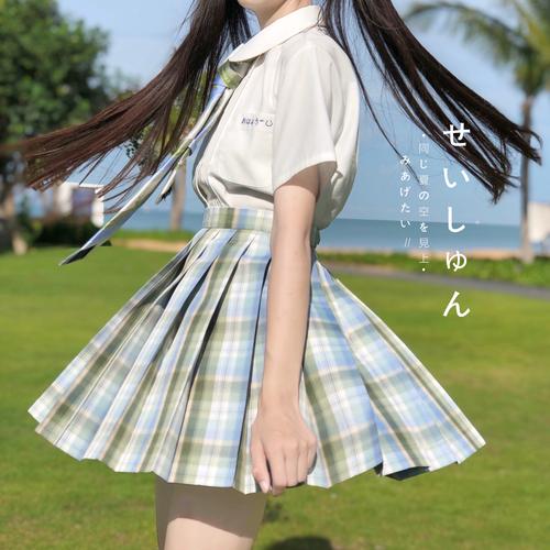 绿格日系jk制服裙百褶裙校供格裙现货掉落lolo学院削个椰子皮