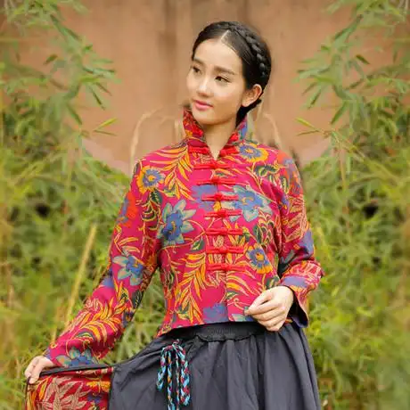 尤瑾2015春秋新款民族风女装棉麻中式复古花布盘扣唐装外套上衣