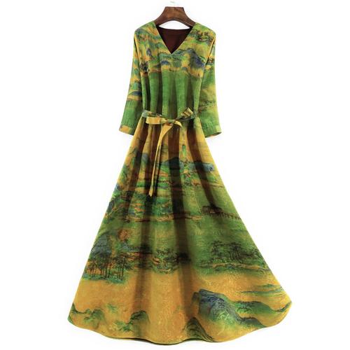 品牌专柜折扣店商场外贸女装清仓真丝显瘦 香云纱花罗大摆连衣裙