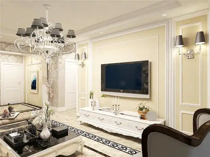 搭配暖色物化壁纸,更能让人把目光集中在背景墙,吊棚用石膏线做收边不