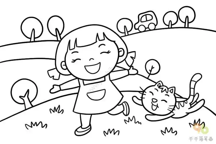 小女孩在草地上玩耍简笔画