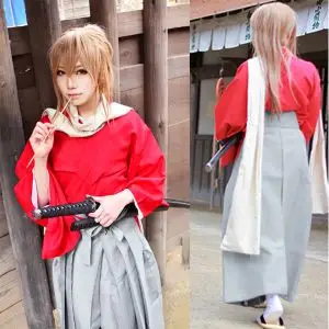 银魂剧场版完结篇cosplay服装 冲田总悟红色和服cos服 围巾 木屐