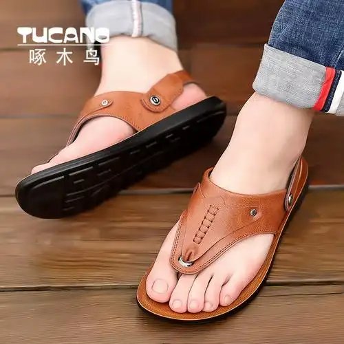 啄木鸟凉鞋男2024新款真皮休闲凉拖鞋男透气防水潮流中老年人字拖