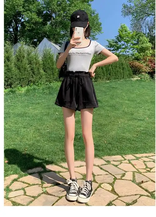 实拍 短裤女夏宽松设计感高腰新款花苞职场阔腿裤雪纺工装短裤潮 - 17