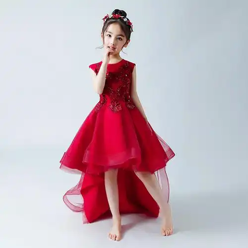 儿童礼服公主裙蓬蓬纱女童红色走秀晚礼服拖尾小主持人钢琴演出服